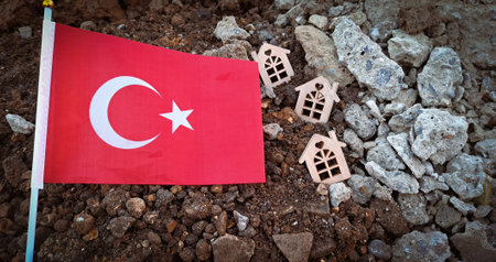 National flag of Turkey on the cracked ground,earthquake concept 2023 tragedy . High quality photoの写真素材