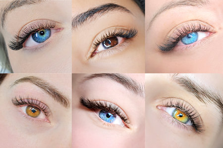 collage of six photos with close up of eyes with eyelash extensions ,beauty salon treatment. High quality photoの写真素材