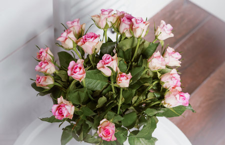 bouquet of pink roses in vase close up ,natural flower background.の写真素材
