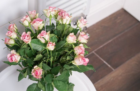 bouquet of pink roses in vase close up ,natural flower background.の写真素材
