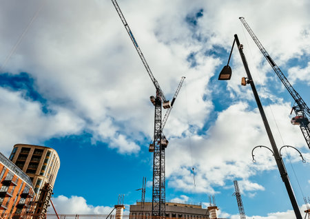 Panoramic view of city construction on blue sky background .の写真素材