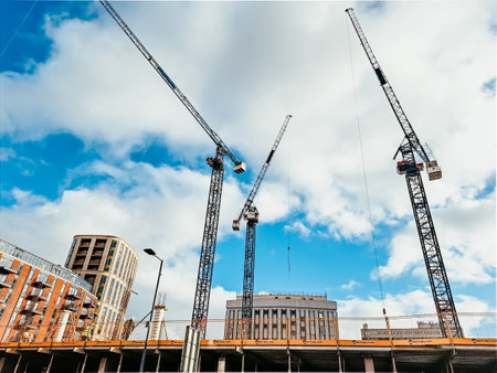 Panoramic view of city construction on blue sky background .の写真素材