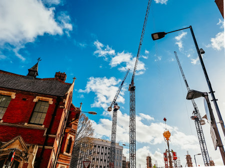 Panoramic view of city construction on blue sky background .の写真素材