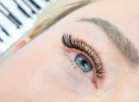 close up of eye with eyelash extensions ,beauty salon treatment. High quality photoの写真素材