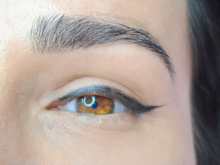 close up of eye with eyelash extensions in beauty salon macro eyeの写真素材