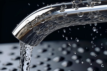 close up of faucet with flowing water.の写真素材