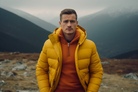 young man in yellow jacket in mountains,active vacations,travelling. high quality photoの素材