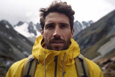 young man in yellow jacket in mountains,active vacations,travelling. high quality photoの素材