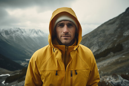 young man in yellow jacket in mountains,active vacations,travelling. high quality photoの素材