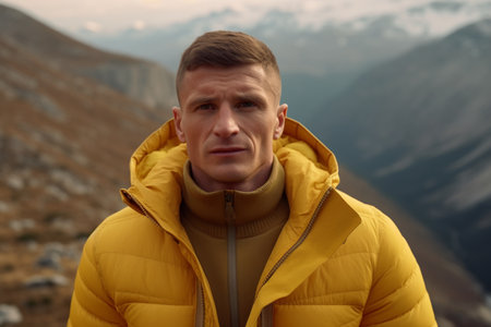 young man in yellow jacket in mountains,active vacations,travelling. high quality photoの素材