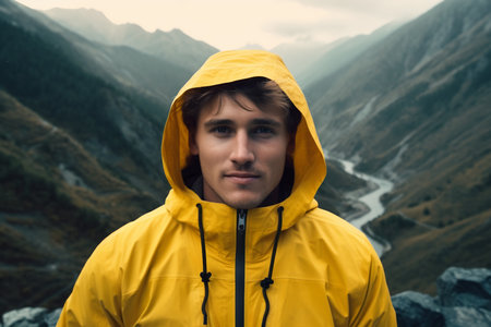 young man in yellow jacket in mountains,active vacations,travelling. high quality photoの素材