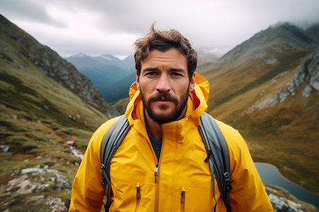 young man in yellow jacket in mountains,active vacations,travelling. high quality photoの素材
