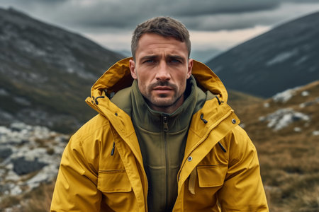 young man in yellow jacket in mountains,active vacations,travelling. high quality photoの素材