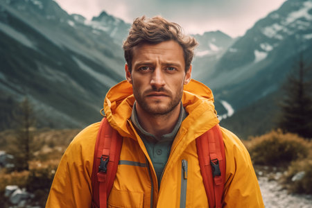 young man in yellow jacket in mountains,active vacations,travelling. high quality photoの素材