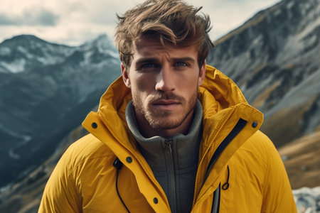 young man in yellow jacket in mountains,active vacations,travelling. high quality photoの素材
