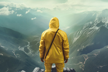 young man in yellow jacket in mountains,active vacations,travelling. High quality photoの素材
