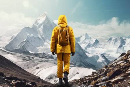 young man in yellow jacket in mountains,active vacations,travelling. High quality photoの素材