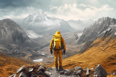 young man in yellow jacket in mountains,active vacations,travelling. High quality photoの素材