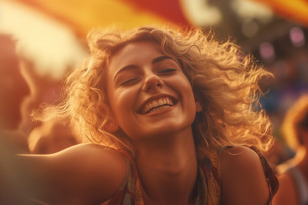 portrait of smiling joyful young beautiful woman on summer party,atmospheric pictureの素材