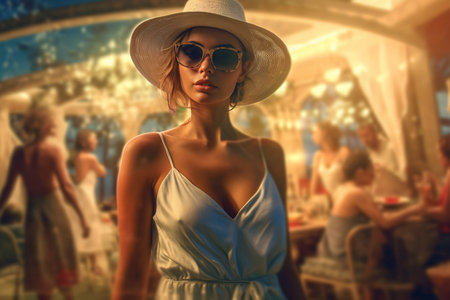 portrait of smiling joyful young beautiful woman on summer party,atmospheric pictureの素材