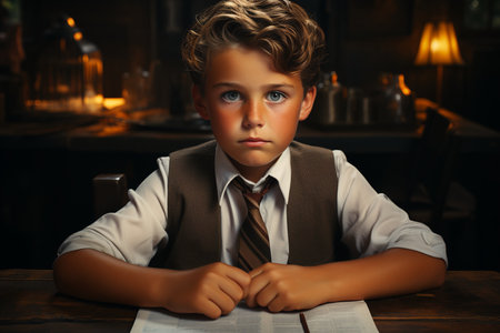 schoolboy sitting at the desk in school, back to school conceptの素材