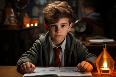 schoolboy sitting at the desk in school, back to school conceptの素材