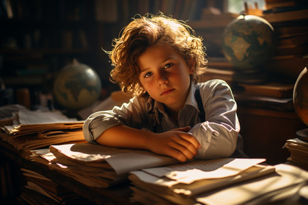 schoolboy sitting at the desk in school, back to school conceptの素材