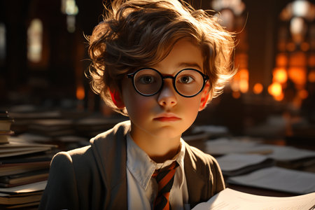 schoolboy sitting at the desk in school, back to school conceptの素材