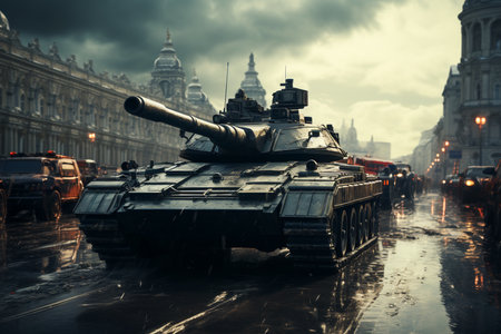 column of military tanks on the street of the city, war in ukraine, war in russiaの素材