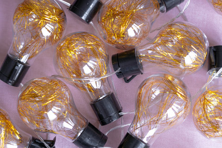 garland with golden lamps, home decorの写真素材