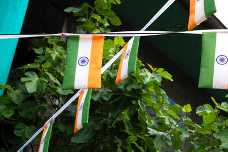 small flags of india ,garland in the yard for holiday.の写真素材