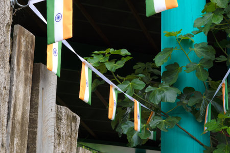 small flags of india ,garland in the yard for holiday.の写真素材