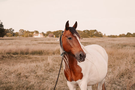 horse grazing in the field on the farm. High quality photoの写真素材