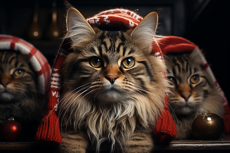 portrait of a group of fluffy cats in jackets with hood.の素材