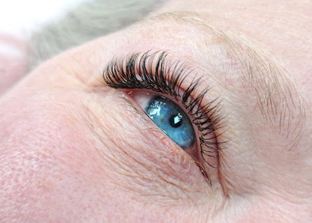 Close up of eye with eyelash extensionsの写真素材