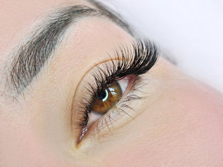 Close up of eye with eyelash extensions ,beauty salon treatment ,2d volume, 3d volume, classical lashes,Russian volume,megavolume, new set.の写真素材