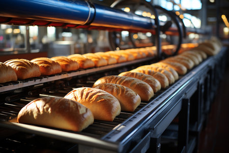 close up of sweet buns on conveyor on bakery factory.の素材