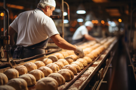 workers sorting bread on bakery factory copy spaceの素材