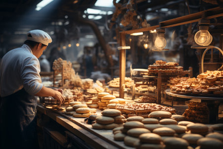 workers sorting bread on bakery factory copy spaceの素材