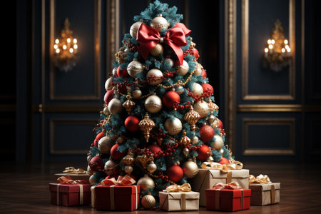 decorated christmas tree in cozy home,for greetings cardの素材