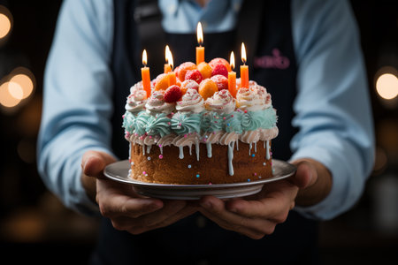 big birthday cake with candles for congratulations.の素材