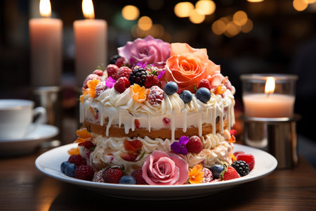 big birthday cake with candles for congratulations.の素材