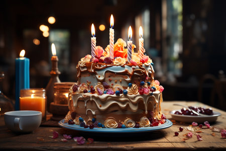 big birthday cake with candles for congratulations.の素材