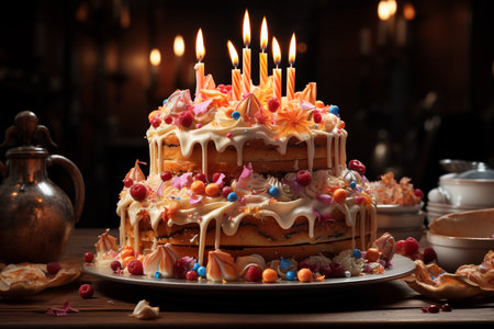 big birthday cake with candles for congratulations.の素材