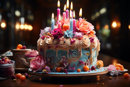 big birthday cake with candles for congratulations.の素材