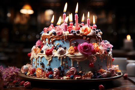 big birthday cake with candles for congratulations.の素材