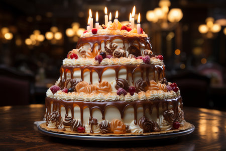 big birthday cake with candles for congratulations.の素材
