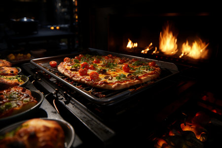 tasty cheesy italian pizza on the table, ready to eat.の素材