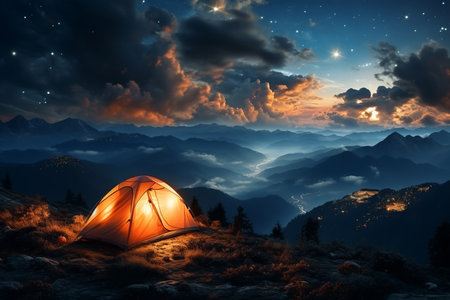 people in the camp tent in mountains, camping concept, starry skyの素材