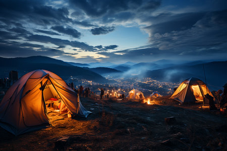 people in the camp tent in mountains, camping concept, starry skyの素材
